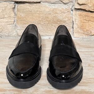 Paul Green Seneca Black Crinkled Patent  Leather Loafers W/Suede Strap Size 7.5